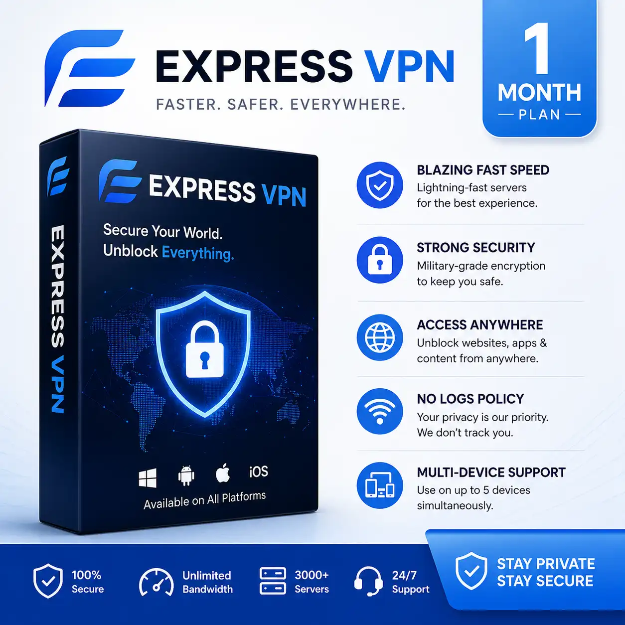 ExpressVPN Premium 1 Month Subscription | Fast & Secure VPN Service
